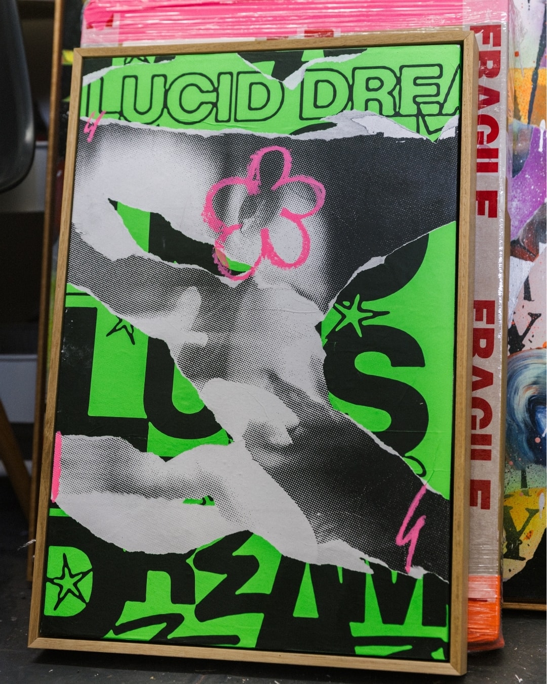 A collage by Chico Leong in bright green and black with the words Lucid Dream and a pink drawn flower