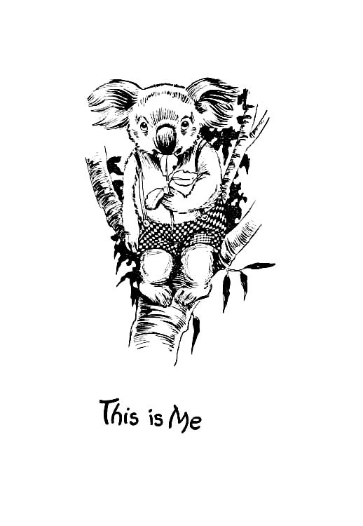 Pen drawing of Blinky Bill, a young koala in checked pants, sitting in a gum tree, captioned This is Me