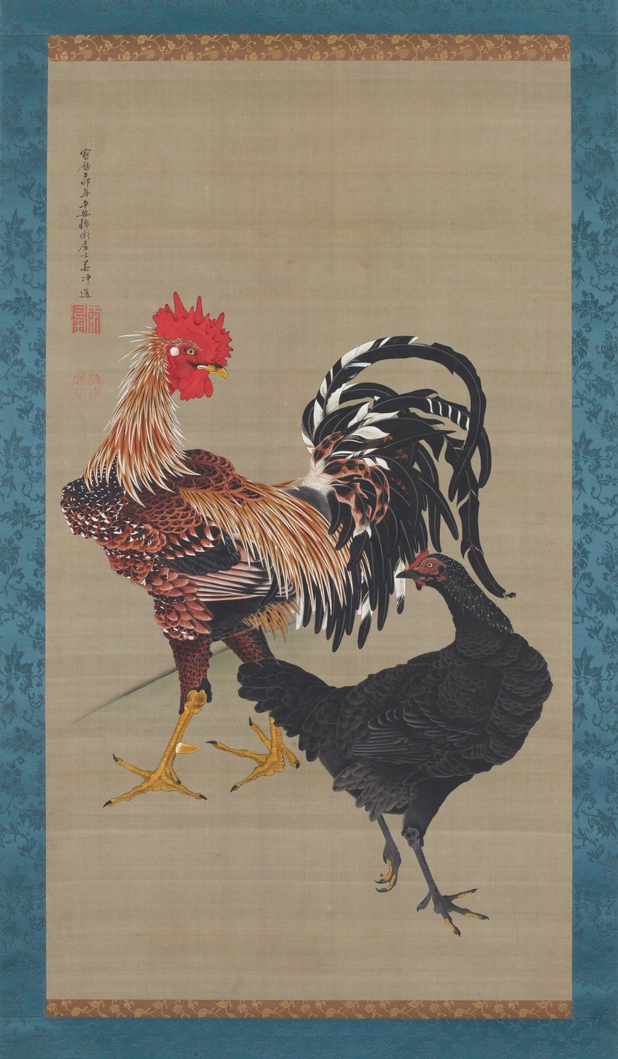 A rooster with a black hen on a plain silk ground