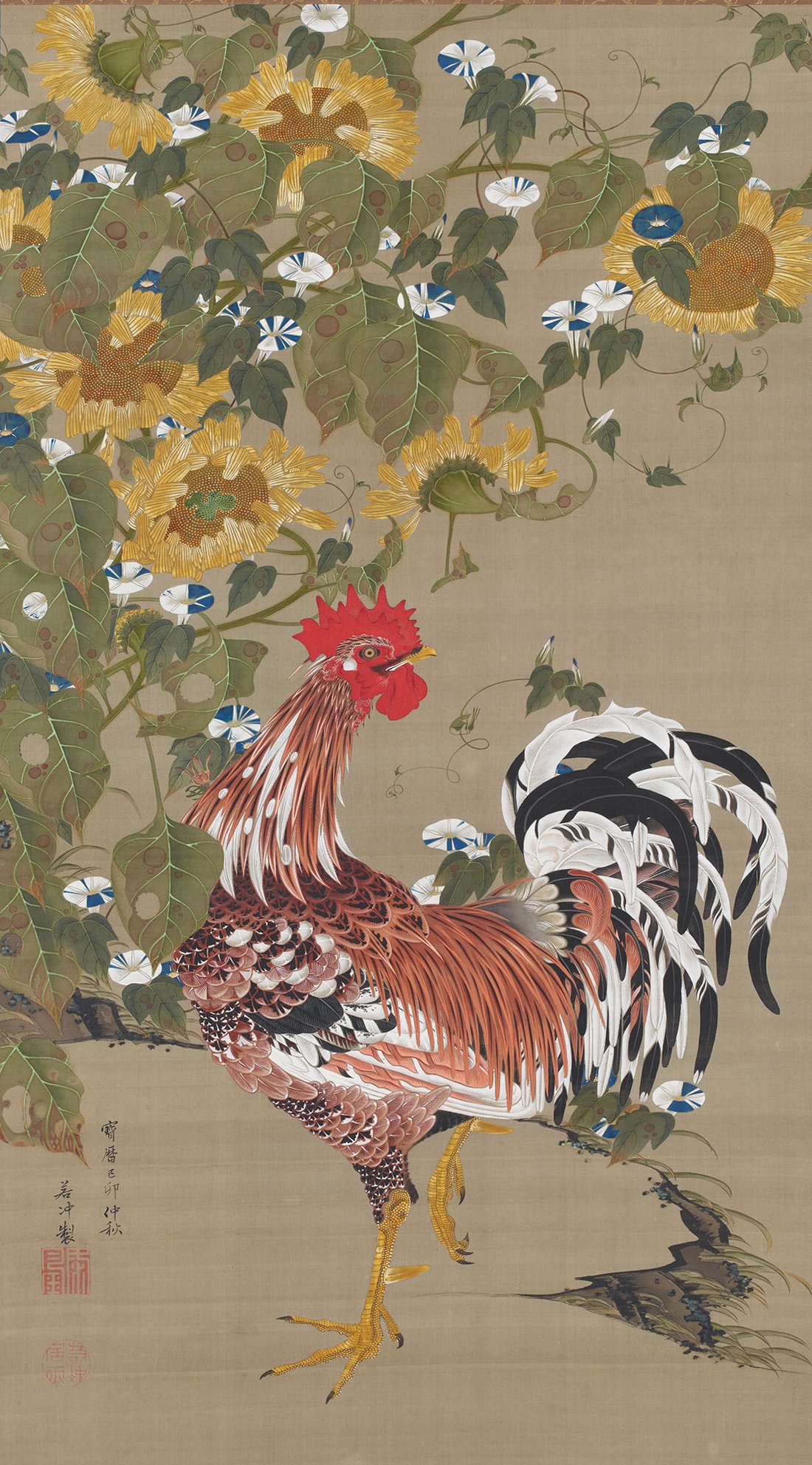 A red and white rooster beneath tall sunflowers and morning glories, painted on silk