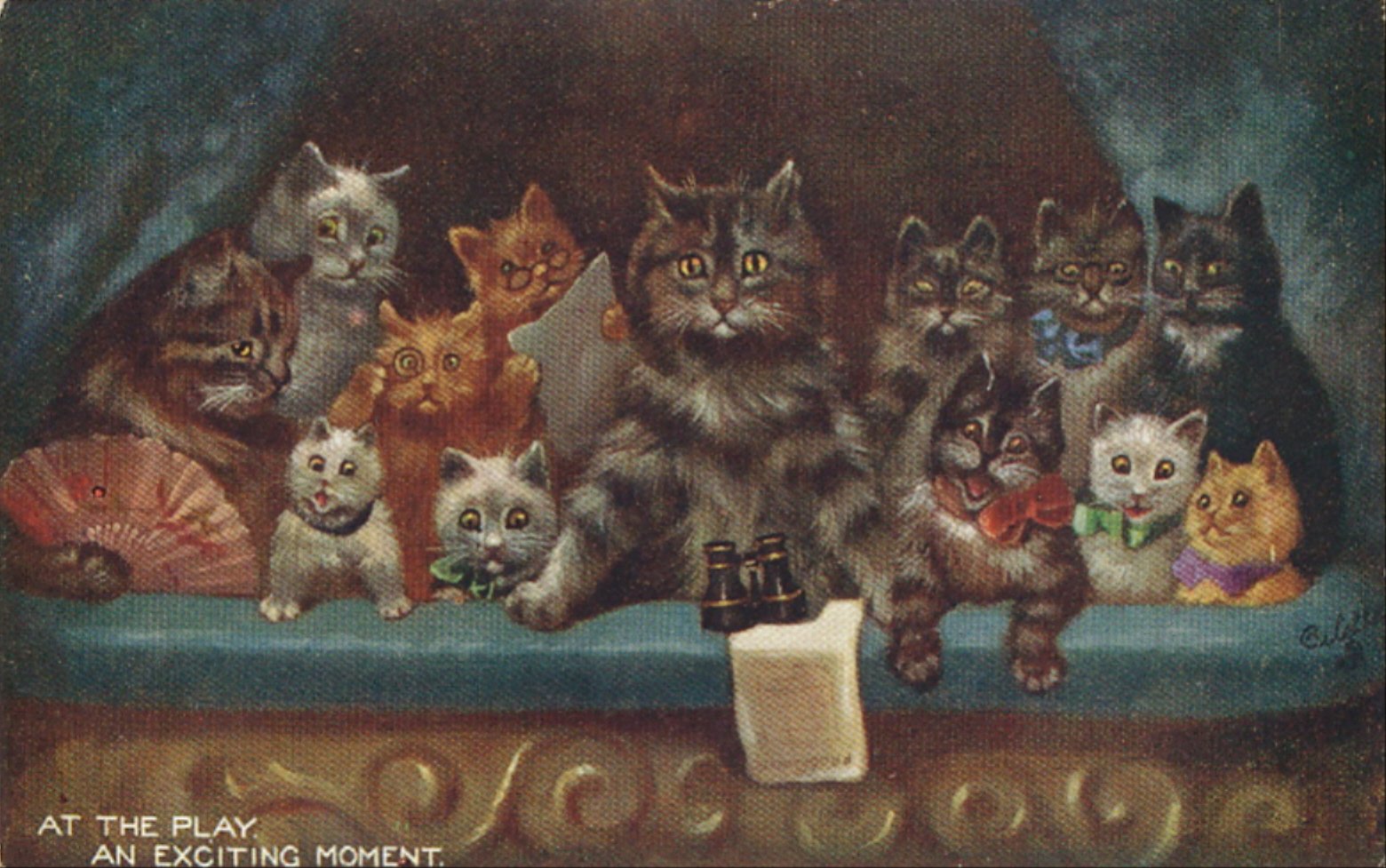 A theatre box packed with cats and kittens in bows, leaning over the rail with opera glasses