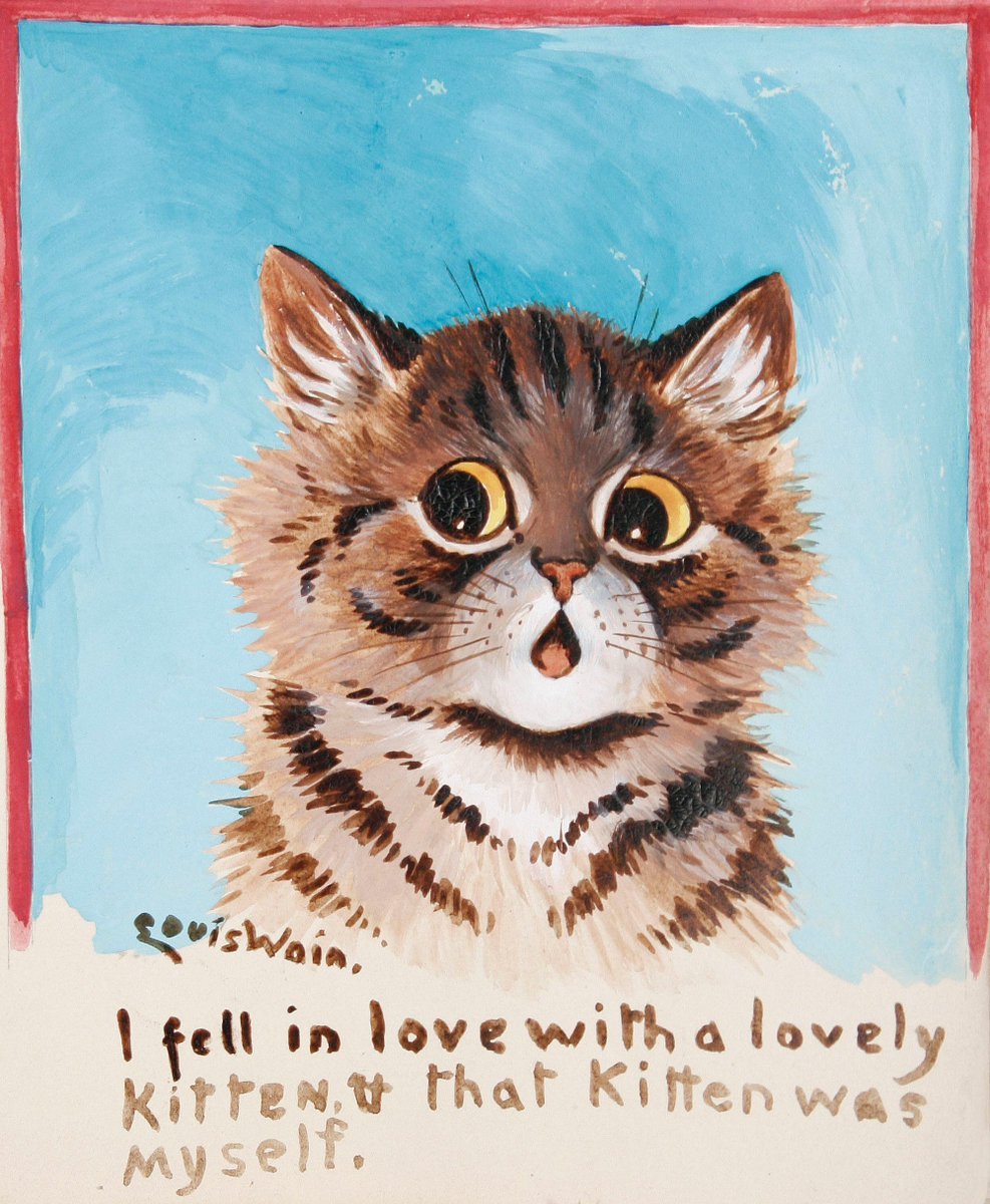 A wide-eyed tabby kitten with an open mouth, with Wain's handwritten line I fell in love with a lovely kitten and that kitten was myself