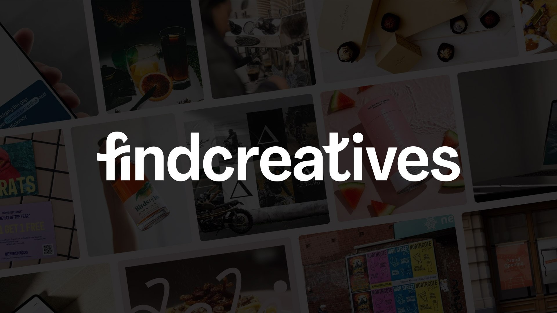 The findcreatives wordmark over a dim collage of work by creatives on the platform