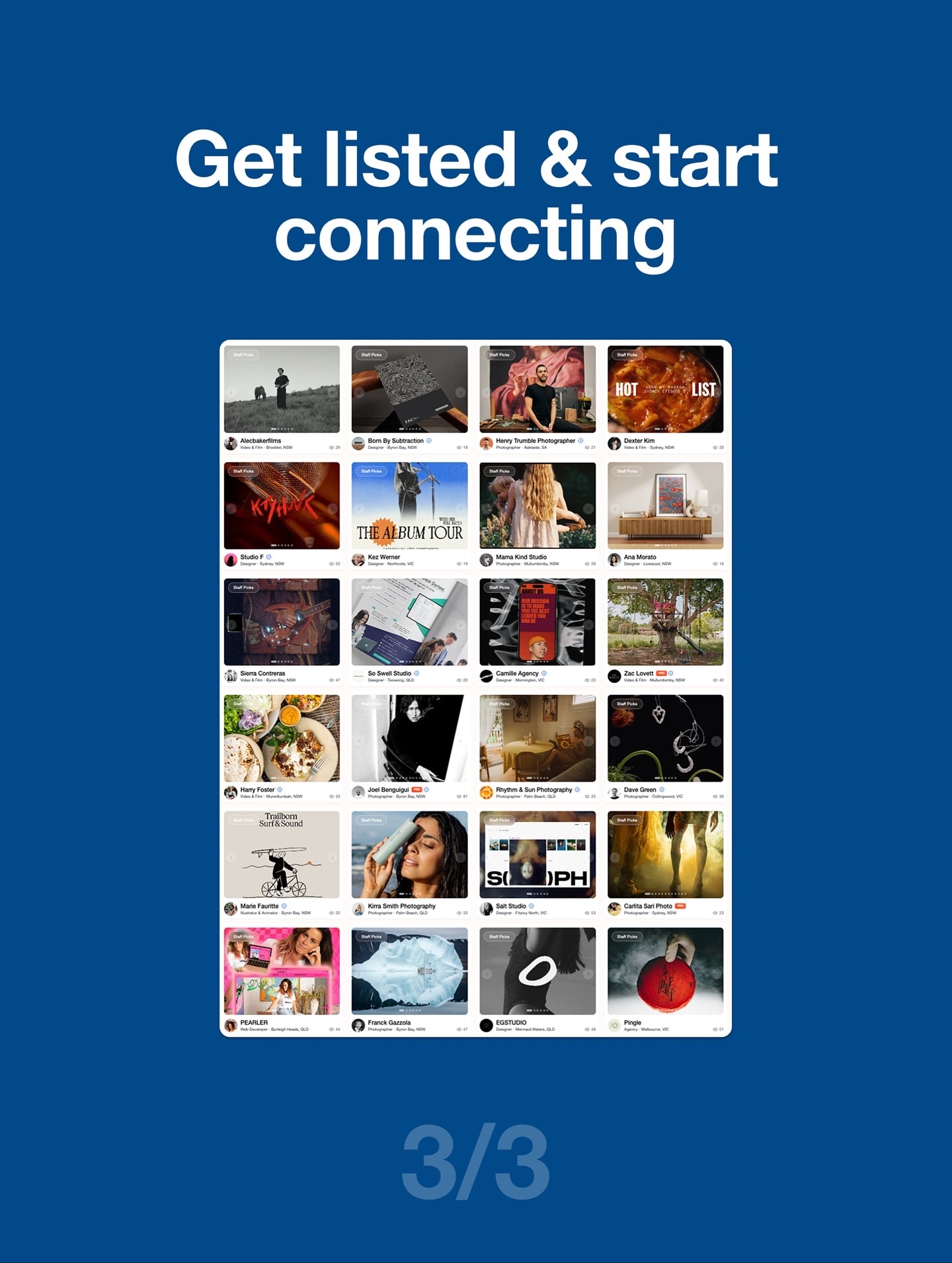 Step three: get listed and start connecting, shown as a grid of creative profiles