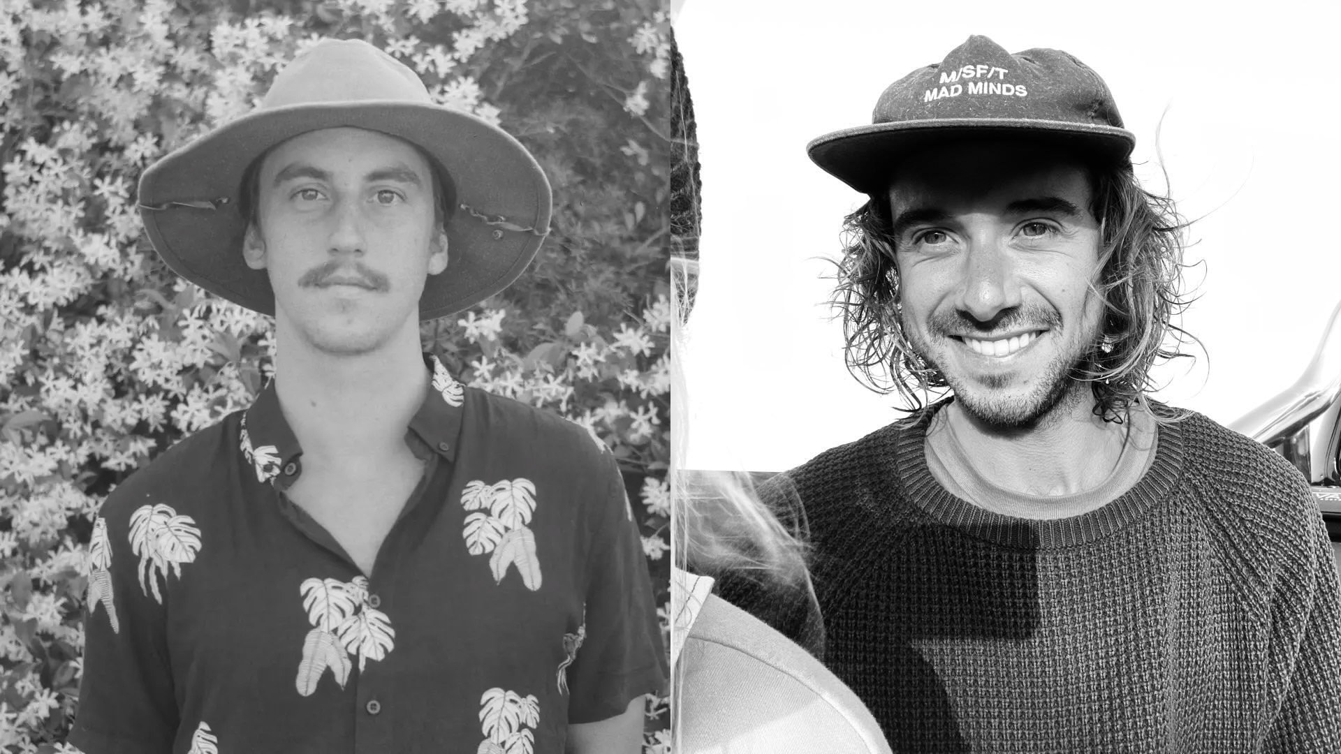 Black and white portraits of Ryan Baldwin, in a wide-brimmed hat, and Nicolás Boada, smiling in a cap