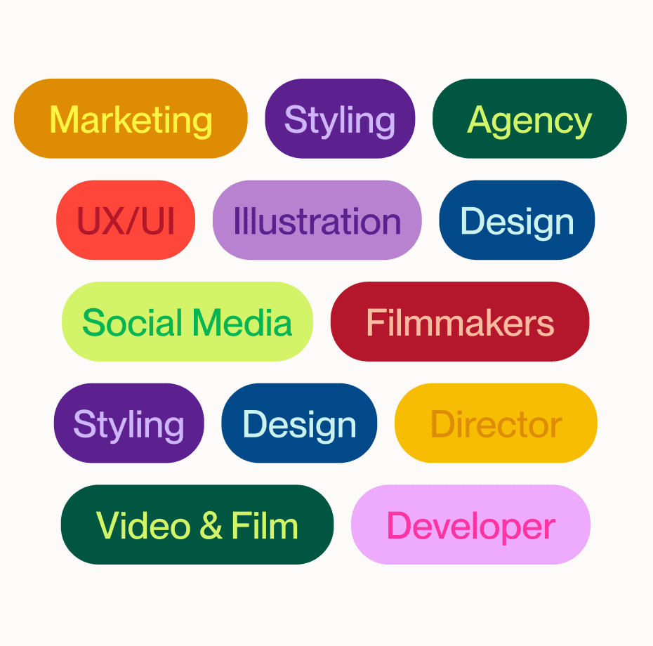 Coloured tags for the skills listed on Find Creatives: marketing, styling, agency, UX/UI, illustration, design, social media, filmmakers, director, video and film, developer