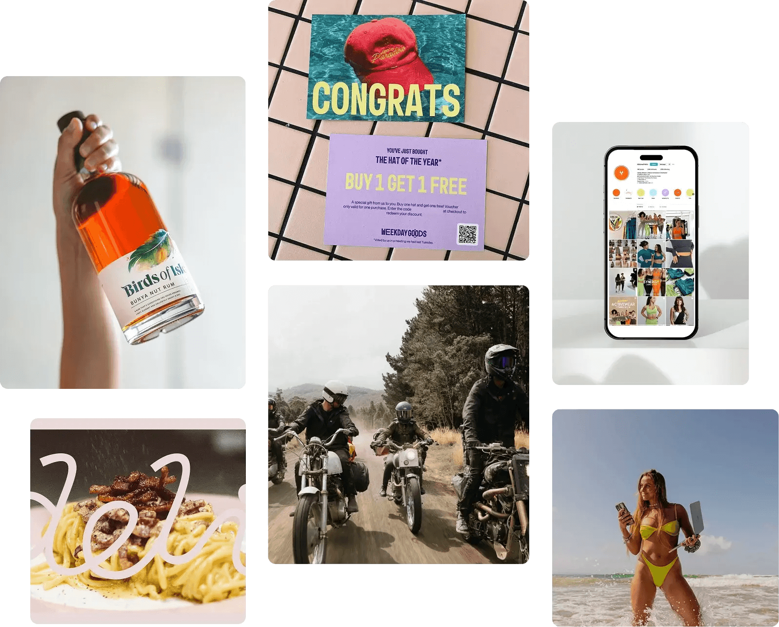 A collage of work by creatives on the platform: a rum bottle, a printed promo card, motorcycles on a dirt road, a social media feed, a pasta dish and a beach shoot
